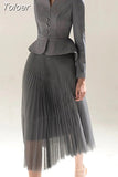 Fashion Women's 2 Pcs Set V-neck Long Sleeve Spliced Grey Blazer Loose High Waist Folds Skirt Suits Autumn 2023 New