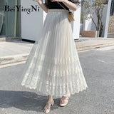 2020 Summer Lace Patchwork Casual High Waist Midi Tulle Skirt Woman Vintage Charming Long Tutu Skirt Ladies White
