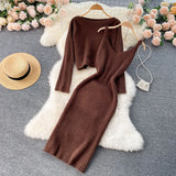 Women Korean Knitted Set Casual Loose Short Pullovers+Sleeveless V Neck Sexy Slim Strap Sweater Dress Two Piece