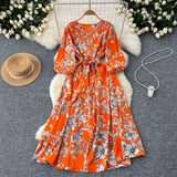 Retro Fashion Print Dress Women Loose Strap To The Waist Thin A Word Big Pendulum Long