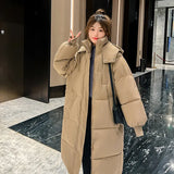 Korean Advanced Sense Hooded Coffee Color Long Cotton Coat Female Autumn And Winter Loose Cotton-Padded Jacket Fashion Temperament Cotton Clothes-Outfit