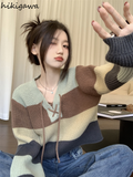 Striped Sweaters for Women V-neck Long Sleeve Jumper Pull Femme Y2k Tops Knitted Casual Cropped Pullovers Ropa