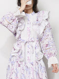Ruffle Trim Lace Up Bow Spring Dress For Women Stand Collar Long Sleeve High Waist Print Dresses Female 2022