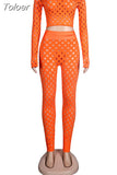 Hollow Out Two Piece Set Women Sexy Long Sleeve Hole Crop Top and See Through Pencil Legging Hipster Co Ord