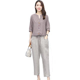 Suit Women 2025 Summer New Women's Version Of The Striped Top Nine Trousers Linen Two Sets Of