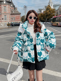 2022 Korean Fashion Jacket Women Winter Short Parkas Print Hooded Thicken Warm Female Snow Wear Coat Padded Loose