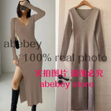 and winter sexy French slit sweater dress female slim tight-fitting hip-knit over-the-knee