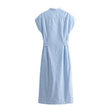 Women's New Striped Side-Side Open-Forked Belt Shirt Dress