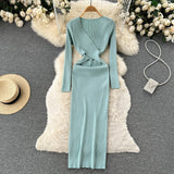 Autumn Sexy Knitted Dress Women V Neck Long Sleeve Slim Maxi Dress Female Autumn Hollow Out Sweater Long Dress