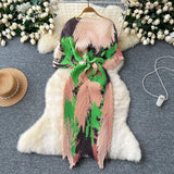 High-End Dress Women Design Feel Strapped Waist Bat Sleeve Pressure Fold Printing Irregular Dress