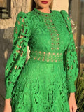 Vintage Solid Loose Dress For Women Stand Collar Long Sleeve High Waist Cut Out Lace Panel Dresses Female Spring Fashion
