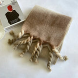 Women's Korean Hand Knotted Tassel Cashmere Printed Scarf Gradient Color Block Warm Winter Scarf