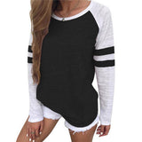 Fashion New Summer Hit-Colored Stripe Splicing Long-Sleeved T-Shirt Round Collar Top