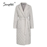 Simplee Cotton padded long winter coat female Casual pocket sash women parkas High street tailored collar stylish overcoat