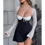 Women's New Lace Long Sleeve Side Collar Bare Back Short