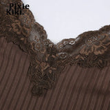 Lace Patchwork Brown Crop Top Y2k Clothes Fairy Grunge Style Cropped Tees Cami Ribbed Knitted Tank Tops