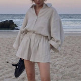 Linen Solid Oversize Women Shorts Set Single-breasted Shirt And Elastic Waist Trousers Ladies Suit Summer Loose