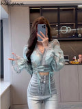 Tops Blouse Women Long Sleeve Drawstring Print Shirts V-neck Lace Ruffles Sexy Summer Blouses 2023 Blusas Mujer De
