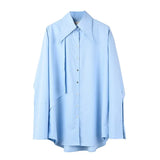 Women Blue Brief Big Size Pin Stitch Blouse New Lapel Long Sleeve Loose Fit Shirt Fashion Tide Spring Autumn 2023