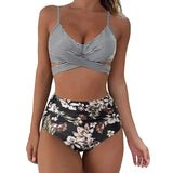 Waist Bikini Set 2020 Sexy Plaid Printed Biquini Swimwear Women Two Pieces Swimsuit Floral Beachwear V-neck Bathing