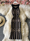 Fashion Geometry Knitted Women Dress 2022 Summer Halter Sleeveless Bodycon Dress Europe Style Ladies Office