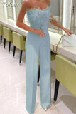 Women Elegant Long Jumpsuit Strapless Slash Neck Feather Tube Top Sexy Fashion Party Night Evening Jumpsuit 2023