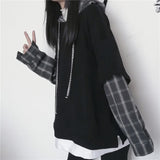 Fake Two Piece Hoodie Women Harajuku Plaid Sweatshirts Japan Kawaii Hoodie Casual Pullovers Tops Gray Oversize Basic