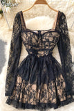 Black Lace Dress Women Sexy Hollow Out Mini Party Dress Square Collar Full Sleeve Slim Waist A-line Clubwear Robe