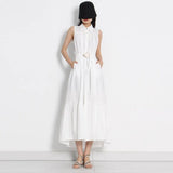 White Dress For Women Lapel Sleeveless Patchwork Folds Sashes Lace Up Dresses Female 2022 Summer Fashion