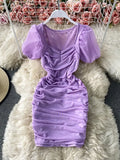 Purple/Brown/White Sexy Mesh Draped Bodycon Dress Women Elegant Square Collar Short Puff Sleeve Pleated Vestidos Female