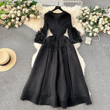 Court Dress Female Design Tuxedo V Collar Long Three House Press Folding Horn Sleeve Dress