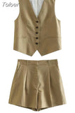 MODA 2023 Summer Women 2 Piece Sets Vintage Single Breasted V Neck Waistcoat Vest + Slim Zipper Fly Shorts Female Chic