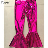 PU Leather Pleated Flare Skinny Pants Women High Waist Streetwear Bell Bottom Trousers Korean Club Black Red Blue