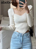 Collar Slim Knitted Tops Women 2022 Autumn Temperament Pullover Basic Sweater Long Sleeve Stretch Cropped