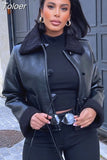 MODA Autumn Women Fashion Warm Faux Leather Black Short Jacket Coat Vintage Long Sleeve Button Pocket Female Chic