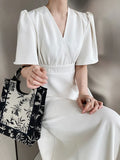 Chiffon Puff Sleeve Split Dress Green White Elegant Summer Women Maxi