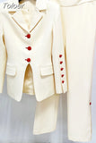 Fashion Women's 2 Pcs Set Notched Slim Red Single Breasted Blazer High Waist Solid Color Pants Suit Spring 2023 New
