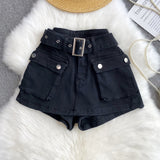 Babes Work Style Skirts Women High-Rise Thins Retro Old Denim Shorts Wide Leg
