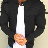 Casual Men Jacket Men's Autumn Pleats Slim Stripe Fit Jacket Zipper Long Sleeve Coat Cardigan