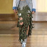 Toloer New Personality Trend Army Green Irregular Hollow Out Splicing Camouflage Design Sense Women's Long Skirt-Outfit