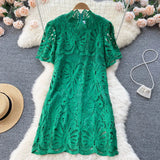 Straight Summer Women Lace Dress 2022 Zipper Sexy Hollow Out Slim Vacation Ladies French Style Midi