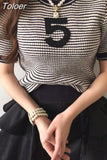 Summer Striped Letter Short-sleeved Thin Sweater Women's Vintage Round Neck Knit Loose Casual Pullover Knitwear Jumper