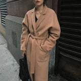 Aachoae Lady Solid Long Wool Coat Batwing Long Sleeve Elegant Office Jacket Female Turn Down Collar Casual Coat Women