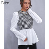 Women Elegant Houndstooth Shirt Fashion Ruffle Stitching Fluffy Long Sleeve Top Casual Chic Ladies Blouse Office White