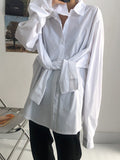 Women White Bandage Big Size Brief Blouse New Lapel Long Sleeve Loose Fit Shirt Fashion Tide Spring Autumn 2023