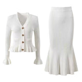V-Neck Loaf Side Long Sleeve Open Shirt Bag Hip Fishtail Long Dress Elastic Knitted Two-Piece Suit
