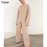 Office Elegant Pant Sets Turtleneck Irregular Sweater Outfit Autumn Winter 2 Piece High Waist Wide Leg Pant Suit Women