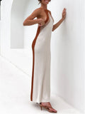 Beige Romantic Strap Sleeveless Color Blocking Knitted Backless Long Loose Holiday
