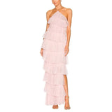 Layered Dress y2k Women Solid Color One Shoulder Sleeveless Backless High Split Ruffled Long Dress 2000s Party