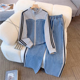 Zippered Cowboy Splicing Two Sets Of Spring And Autumn 2025 New Cowboy Splicing Long Sleeve Tops Wide Leg